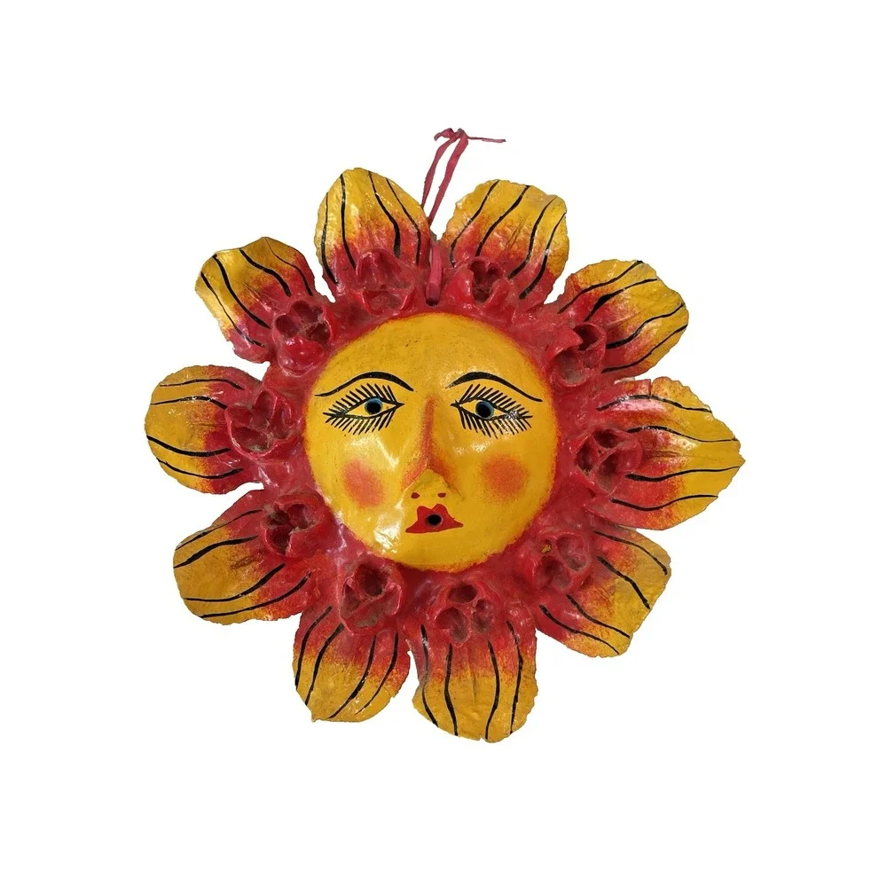 Mexican Coconut Shell Folk Art Mask Hand-Painted Vintage Celestial Sun Artsy